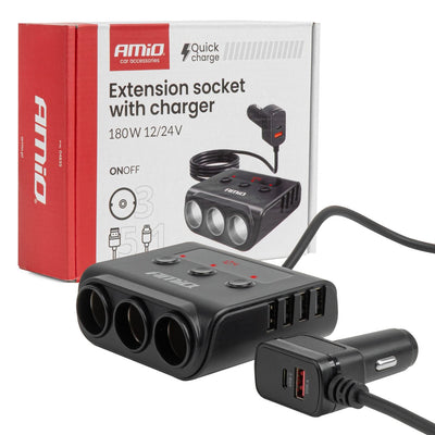 AMiO Auto-Ladegerät Splitter 4x USB-A 180W – Schnellladegerät mit QC 3.0 PD 3.0 und LED-Anzeige für Pkw und Transporter