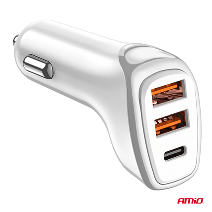 AMiO Autolader Telefoon 2x USB - A + 1x USB - C 38W 12/24V Wit - VCTparts.nl