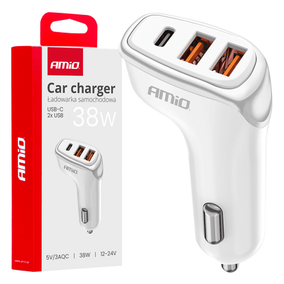 Amio Car Ladegerät Telefon 2x USB-A + 1x USB-C 38W 12/24 V Weiß