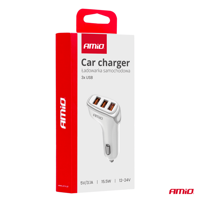 AMiO Autolader Telefoon 3x USB - A 3.1A 12/24V Wit - VCTparts.nl