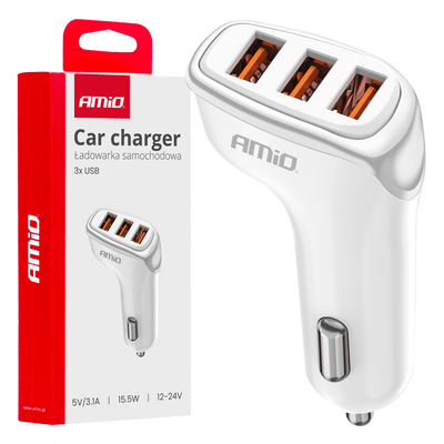 Amio-Auto-Ladegerät 3x USB-A 3.1A 12/24 V Weiß