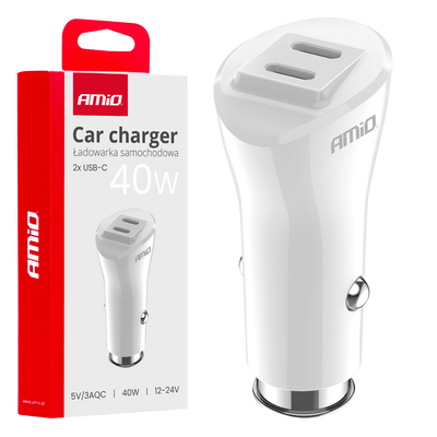 AMIO CAR Ladegerät Telefon Dual USB-C 40W 12/24 V Weiß