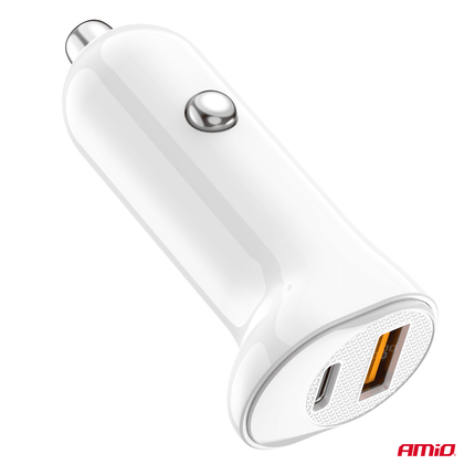 AMiO Autolader Telefoon USB - A + USB - C 20W 12/24V Wit - VCTparts.nl