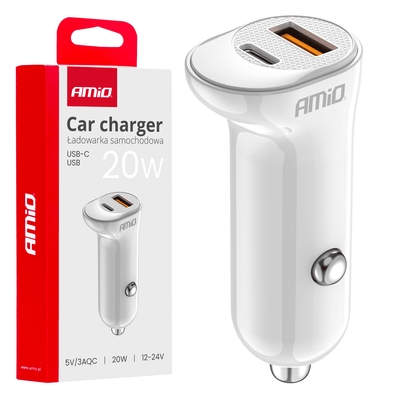 AMIO-Auto-Ladegerät Telefon USB-A + USB-C 20W 12/24 V Weiß
