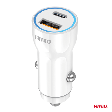 AMiO Autolader Telefoon USB - A + USB - C 20W 12/24V Wit - VCTparts.nl
