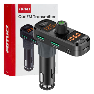FM-Transmitter fürs Auto, 2x USB-A, 1x USB-C, microSD, 12V/24V – Bluetooth, Freisprechfunktion und L-förmiges Gehäuse