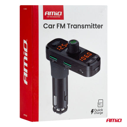 AMiO Car FM Transmitter 2×USB - A 1×USB - C microSD 12V 24V – Bluetooth, Hands - Free Bellen en L - vormige Behuizing AMiO 9