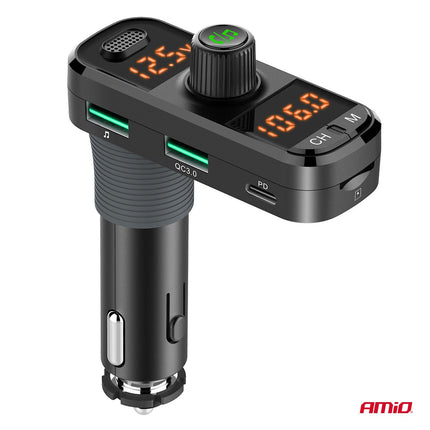 AMiO Car FM Transmitter 2×USB - A 1×USB - C microSD 12V 24V – Bluetooth, Hands - Free Bellen en L - vormige Behuizing AMiO 4