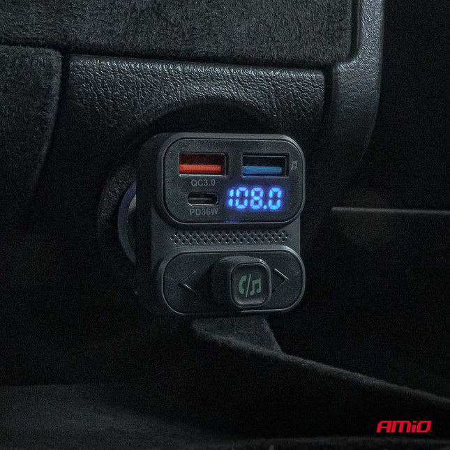 AMiO Car FM Transmitter – 2×USB - A en 1×USB - C – 12V/24V – Bluetooth – Handsfree Bellen en Snelladen AMiO 2