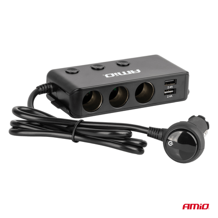 AMiO 3 Dubbele Sigarettenaansteker Plug Splitter met (3x USB-A & 1x USB-C) 12V/24V en Voltmeter Zwart - VCTparts.nl