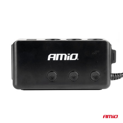 AMiO 3 Dubbele Sigarettenaansteker Plug Splitter met (3x USB-A & 1x USB-C) 12V/24V en Voltmeter Zwart - VCTparts.nl