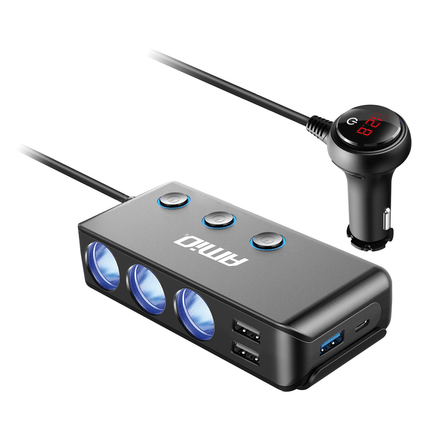 AMiO 3 Dubbele Sigarettenaansteker Plug Splitter met (3x USB-A & 1x USB-C) 12V/24V en Voltmeter Zwart - VCTparts.nl