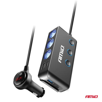 AMiO 3 Dubbele Sigarettenaansteker Plug Splitter met (3x USB-A & 1x USB-C) 12V/24V en Voltmeter Zwart - VCTparts.nl