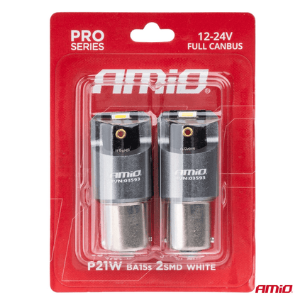 AMiO BA15s P21W LED 12V-24V 2x1860 SMD Wit Canbus [Achterlicht - Richtingaanwijzer - Achteruitrijlicht] (2 stuks) - VCTparts.nl