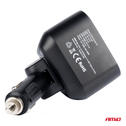 AMiO Dubbele Sigarettenaansteker Plug Splitter met (2x USB-A & 1x USB-C) 12V/24V en Voltmeter Zwart - VCTparts.nl