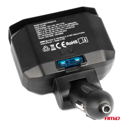 AMiO Dubbele Sigarettenaansteker Plug Splitter met (2x USB-A & 1x USB-C) 12V/24V QC3.0 200W Voltmeter Zwart - VCTparts.nl