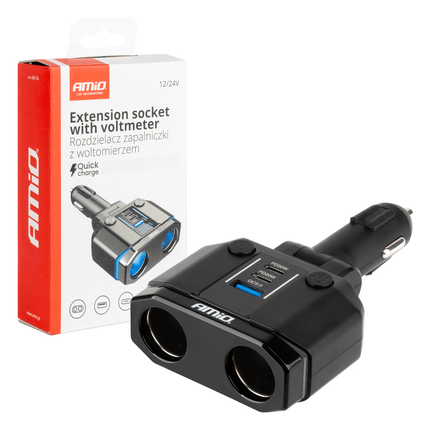 AMiO Dubbele Sigarettenaansteker Plug Splitter met (2x USB-A & 1x USB-C) 12V/24V QC3.0 200W Voltmeter Zwart - VCTparts.nl