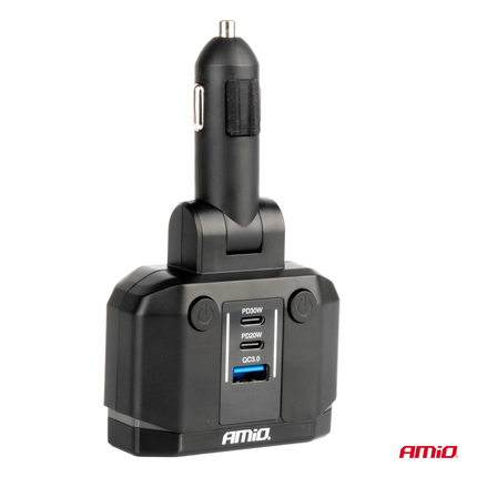 AMiO Dubbele Sigarettenaansteker Plug Splitter met (2x USB-A & 1x USB-C) 12V/24V QC3.0 200W Voltmeter Zwart - VCTparts.nl