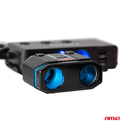 AMiO Dubbele Sigarettenaansteker Plug Splitter met (2x USB-A & 1x USB-C) 12V/24V QC3.0 200W Voltmeter Zwart - VCTparts.nl