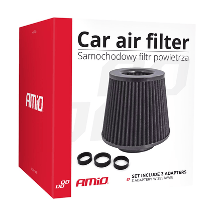 AMiO Open Luchtfilter Sport Filter met Cold Air Intake & 3 Adapters Zwart - VCTparts.nl