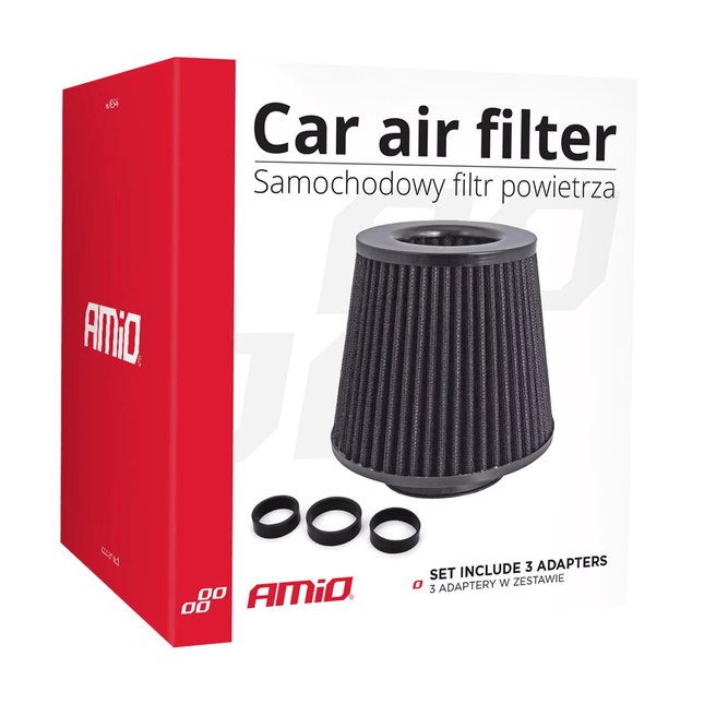 AMiO Open Luchtfilter Sport Filter met Cold Air Intake & 3 Adapters Zwart - VCTparts.nl