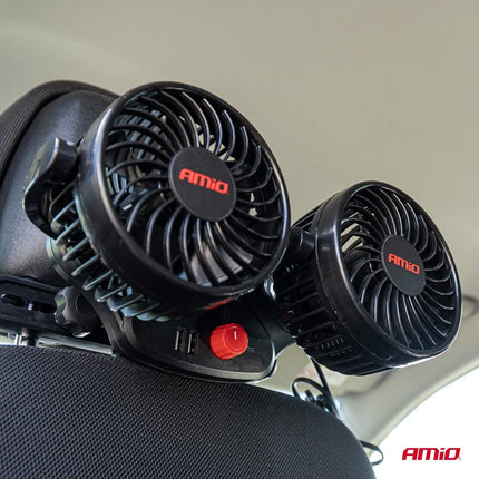 AMiO AMiO Dubbele Autoventilator voor Hoofdsteun met USBoplader Zwart (5x10 cm) 12V 8