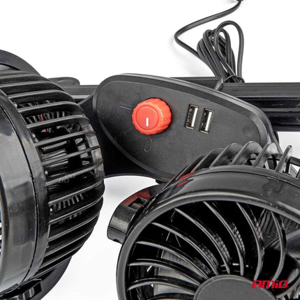 AMiO AMiO Dubbele Autoventilator voor Hoofdsteun met USBoplader Zwart (5x10 cm) 12V 6