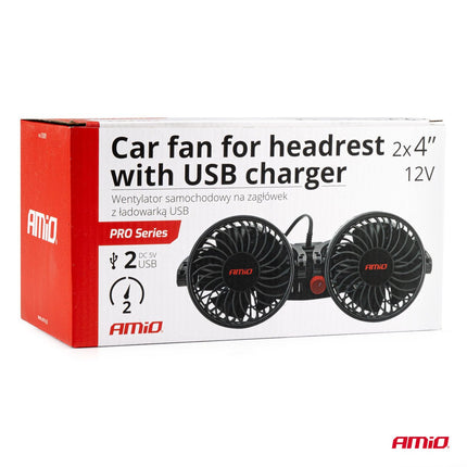 AMiO AMiO Dubbele Autoventilator voor Hoofdsteun met USBoplader Zwart (5x10 cm) 12V 2