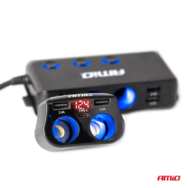 AMiO AMiO Autolader Splitter 2x 12V + 2x USB - A USB - C 200W – Met Voltmeter voor Auto, Camper en Vrachtwagen AMiO 2