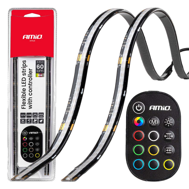 AMiO Flexible LED Strips RGB 12V – Set van 2x30cm met Afstandsbediening Controller – Decoratieve Interieur en Exterieur Verlichting voor Auto - VCTparts.nl