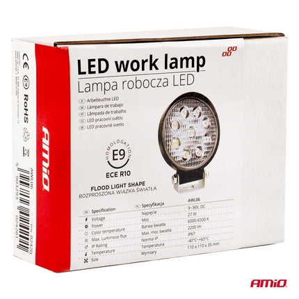 AMiO Krachtige Werklamp AWL06 9 LED FLOOD 9 - 36V Verstraler Spot Robuust Offroad - VCTparts.nl