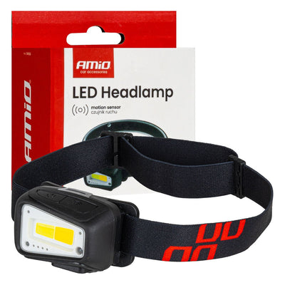 AMiO LED-Stirnlampe COB 1800mAh mit Bewegungssensor - USB-aufladbar und verstellbares Kopfband - Für Outdoor-Werkstätten und Notfallsituationen