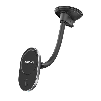 AMIO Magnetic Autohalter mit 15 -W -drahtloser Ladegerät und Magsafe - einstellbarer Arm und Saugnapfbecher schwarz