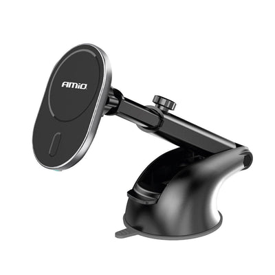 AMIO Magnetic Car Halter mit 15W Qi -drahtloses Ladegerät und Magsafe - Verstellbarer Arm und Saugnapfbecher Schwarz