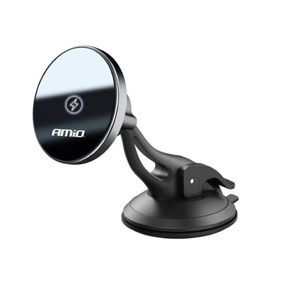 AMIO Magnetic Telephone Holder mit 15W Qi Wireless Ladegerät und Magsafe - Verstellbarer Arm und Saugkappe schwarz