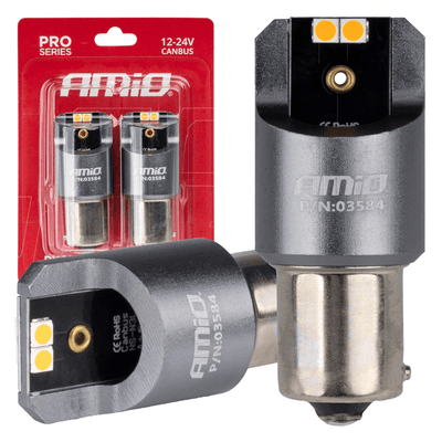 AMIO PY21W BAU15S LED 12V -24V 4x3030 SMD Oranje Canbus [blinkendes Licht - Richtungsanzeige] (2 Teile)