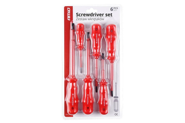 AMiO Schroevendraaier Set CR - V Staal 6 Stuks Magnetische Kop - Rood - VCTparts.nl