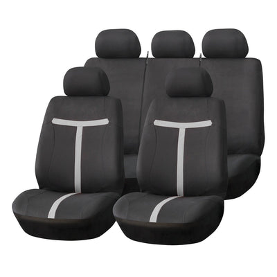 AMiO Universal-Autositzbezug-Set SC-06 – 9-teiliges Set für Vorder- und Rücksitze, Schwarz und Grau, Airbag-sicher und verschleißfest