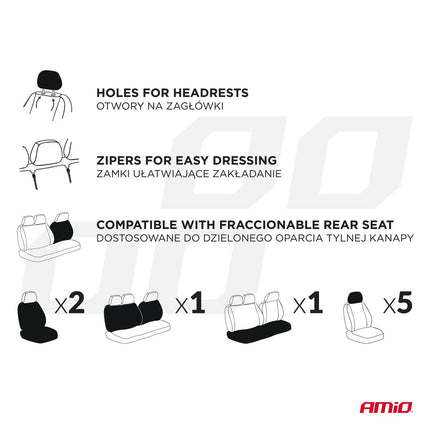 AMiO Universal Car Seat Cover Set SC - 06 – 9 - delige Stoelhoezen voor Voor - en Achterstoelen, Zwart en Grijs, Airbagveilig en Slijtvast - VCTparts.nl