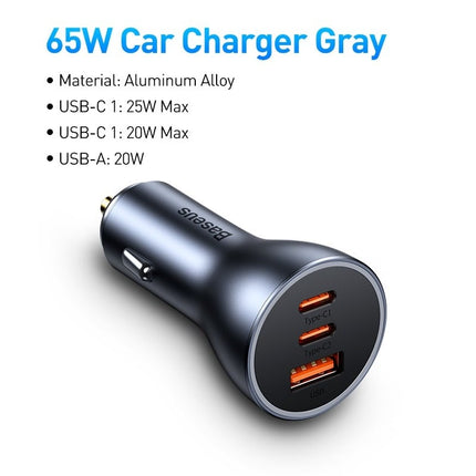 Baseus Baseus Autolader Oplader USB - C & USB 3x Snellader - Grey 65W [Triple Fast Car Charger] Hurtel 2