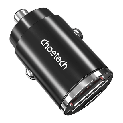Choetech Autolader Telefoon 1x USBA, 1x USBC 30W PD 3.0 12/24V Zwart - VCTparts.nl