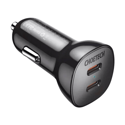 Choetech Autolader Telefoon 2x USBC 40W PD 3.0 12/24V Zwart - VCTparts.nl