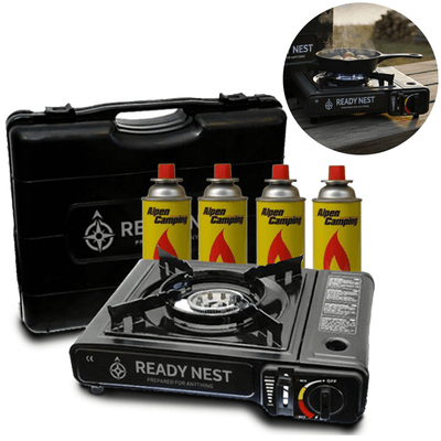 ReadyNest Tragbarer Notfall-Gaskocher für Camping mit 4x Butangas – Ideal für Notfallsets, Vorbereitung und Outdoor-Abenteuer