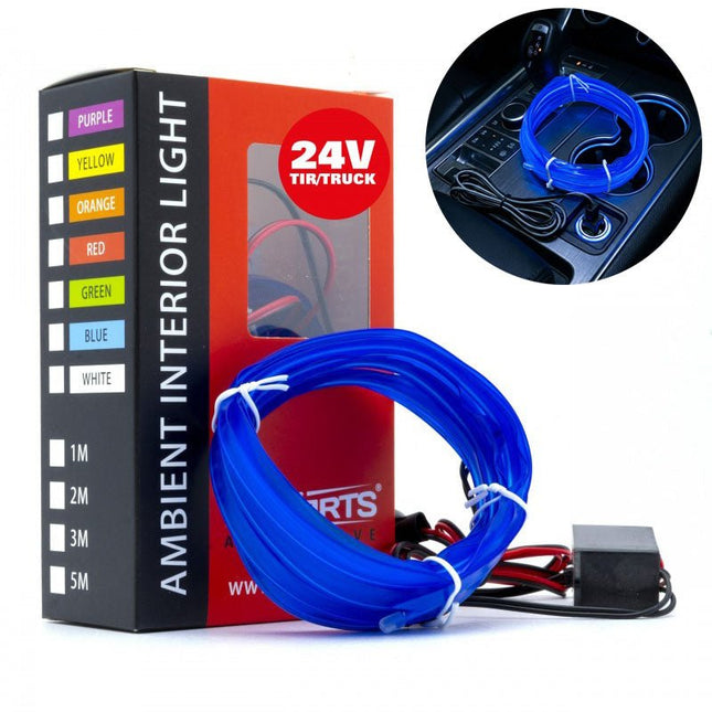 Einparts LED Ambient Interieurverlichting 3m Blauw - Universele 24V Truck Sfeerverlichting 360 Graden Dunne 2mm Strip Compleet Pakket - VCTparts.nl
