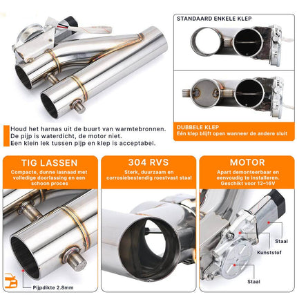 Elektrische Uitlaat Kleppensysteem 2.75inch 70mm Bypass Universeel Draadloos met Afstandsbediening - Dubbele Pijp met Klep - VCTparts.nl