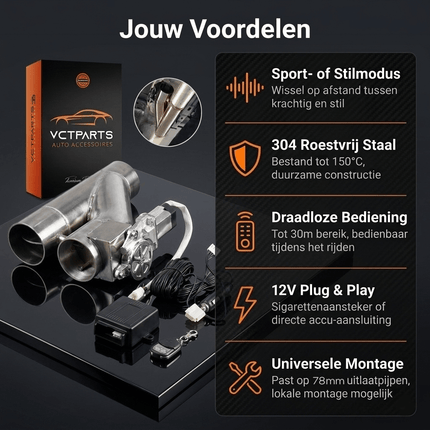 VCTparts Elektrische Uitlaat Kleppensysteem 3inch 78mm Bypass Universeel Draadloos met Afstandsbediening - Dubbele Pijp met Klep NORGOS 3
