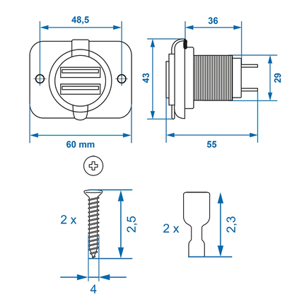 ProPlus USB-Inbouwdoos Tweevoudig Type A 3100mA - 12V/24V Laadcontactdoos met Bevestigingsmateriaal - VCTparts.nl