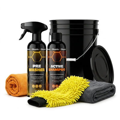 Glossio Bucketdeal – 6-teiliges komplettes Autowasch-Starterpaket mit Eimer, Shampoo und Trockentuch