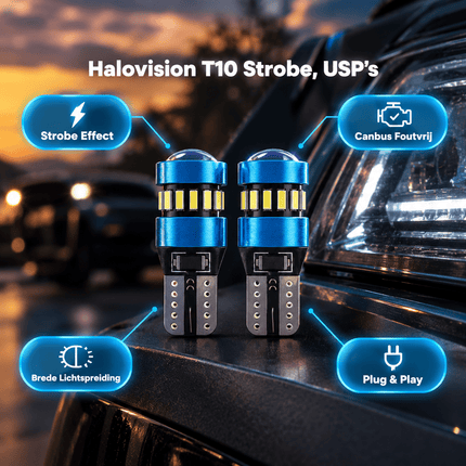 HaloVision Halovision T10 W5W LED Strobe Lampjes IJsblauw 8000K - Flitsend Stadslicht Dagrijverlichting Koplamp Canbus 12V Steekfitting met Lens Set van 2 HaloVision 8