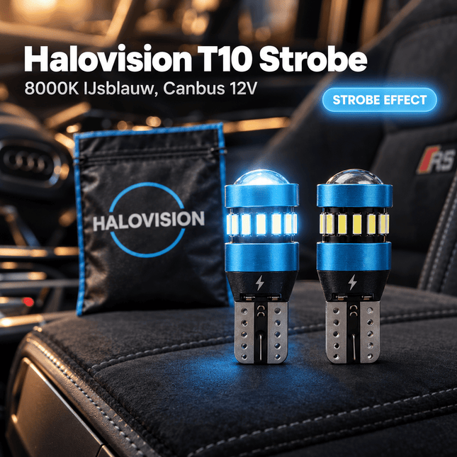 HaloVision Halovision T10 W5W LED Strobe Lampjes IJsblauw 8000K - Flitsend Stadslicht Dagrijverlichting Koplamp Canbus 12V Steekfitting met Lens Set van 2 HaloVision 2